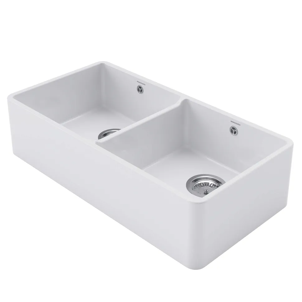 Rangemaster Double Belfast Large 2 Bowl White Ceramic Kitchen Sink & Waste Kit - 895 x 460mm