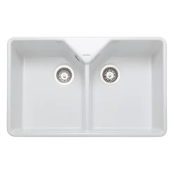 Rangemaster Double Bowl Belfast White Fireclay Ceramic Kitchen Sink & Waste Kit with Overflow - 795 x 491mm