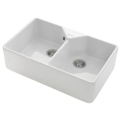 Rangemaster Double Bowl Belfast White Fireclay Ceramic Kitchen Sink & Waste Kit with Overflow - 795 x 491mm