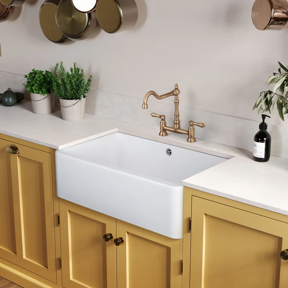 Rangemaster Farmhouse 1 Bowl White Fireclay Ceramic Belfast Sink & Waste Kit - 795 x 460mm