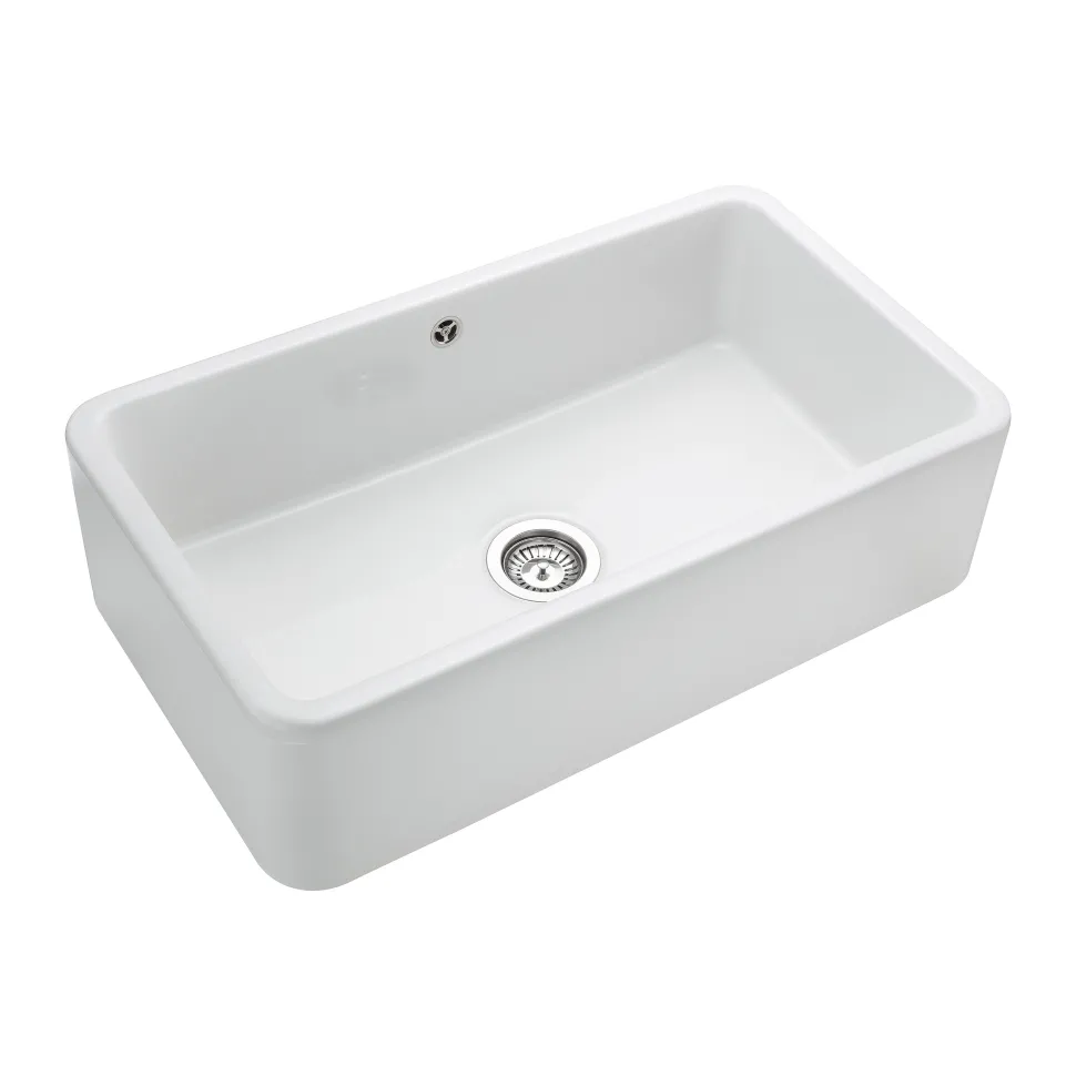 Rangemaster Farmhouse 1 Bowl White Fireclay Ceramic Belfast Sink & Waste Kit - 795 x 460mm