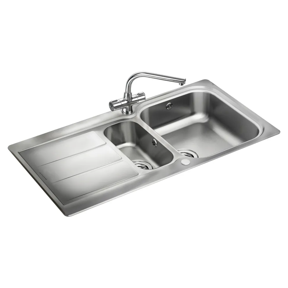 Rangemaster Glendale 1.5 Bowl Brushed Stainless Steel Sink & Waste Kit with Reversible Drainer - 950 x 508mm