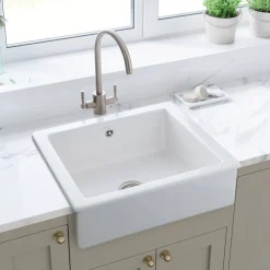 Rangemaster Hartland Belfast 1 Bowl Gloss White Fireclay Ceramic Kitchen Sink & Waste - 622 x 494mm