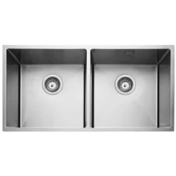 Rangemaster Kube 2 Bowl Brushed Stainless Steel Inset/Undermount Sink & Waste Kit - 860 x 440mm