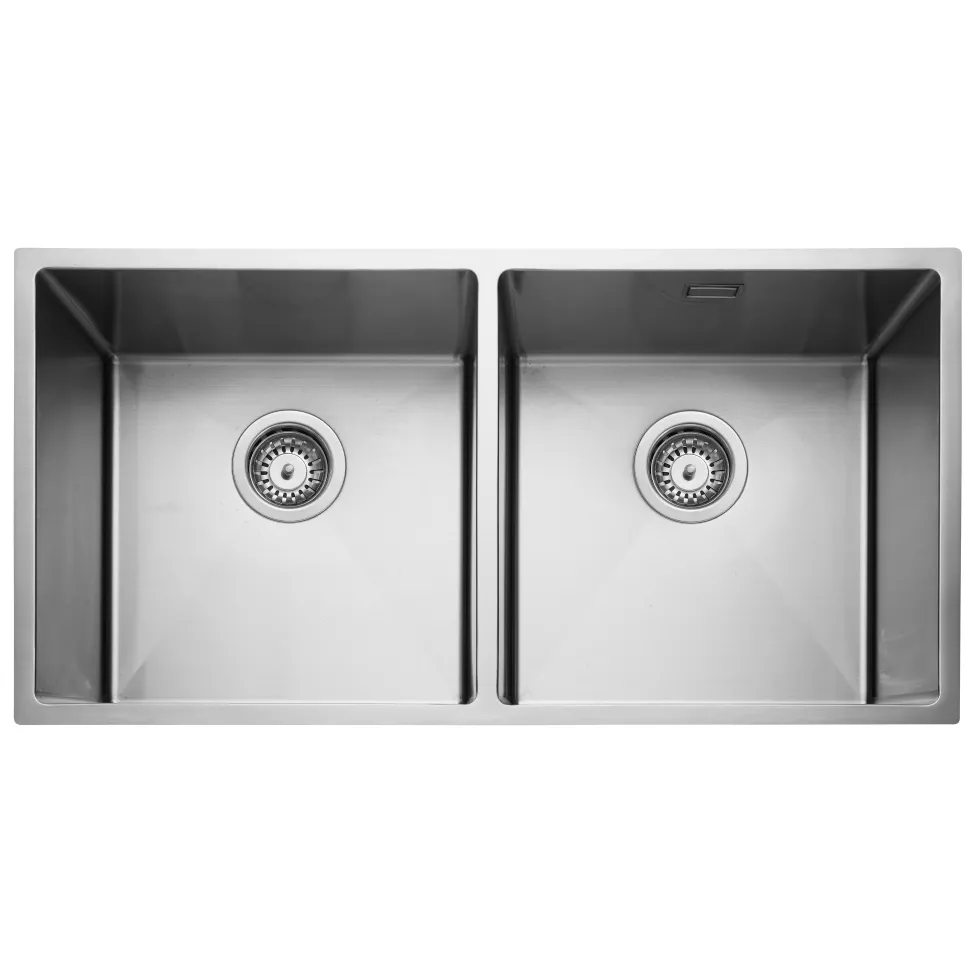 Rangemaster Kube 2 Bowl Brushed Stainless Steel Inset/Undermount Sink & Waste Kit - 860 x 440mm