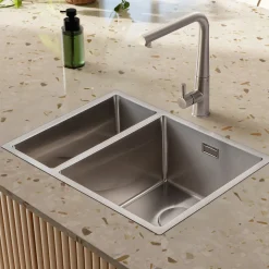 Rangemaster Kube 1.5 Bowl Stainless Steel Inset/Undermount Sink & Waste Kit with Left Hand Small Bowl - 560 x 440mm