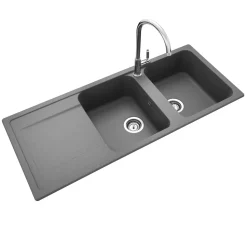 Rangemaster Loa 2 Bowl Igneous Granite Kitchen Sink with Reversible Drainer & Waste Kit - 1160 x 500mm