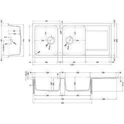 Rangemaster Loa 2 Bowl Igneous Granite Kitchen Sink with Reversible Drainer & Waste Kit - 1160 x 500mm