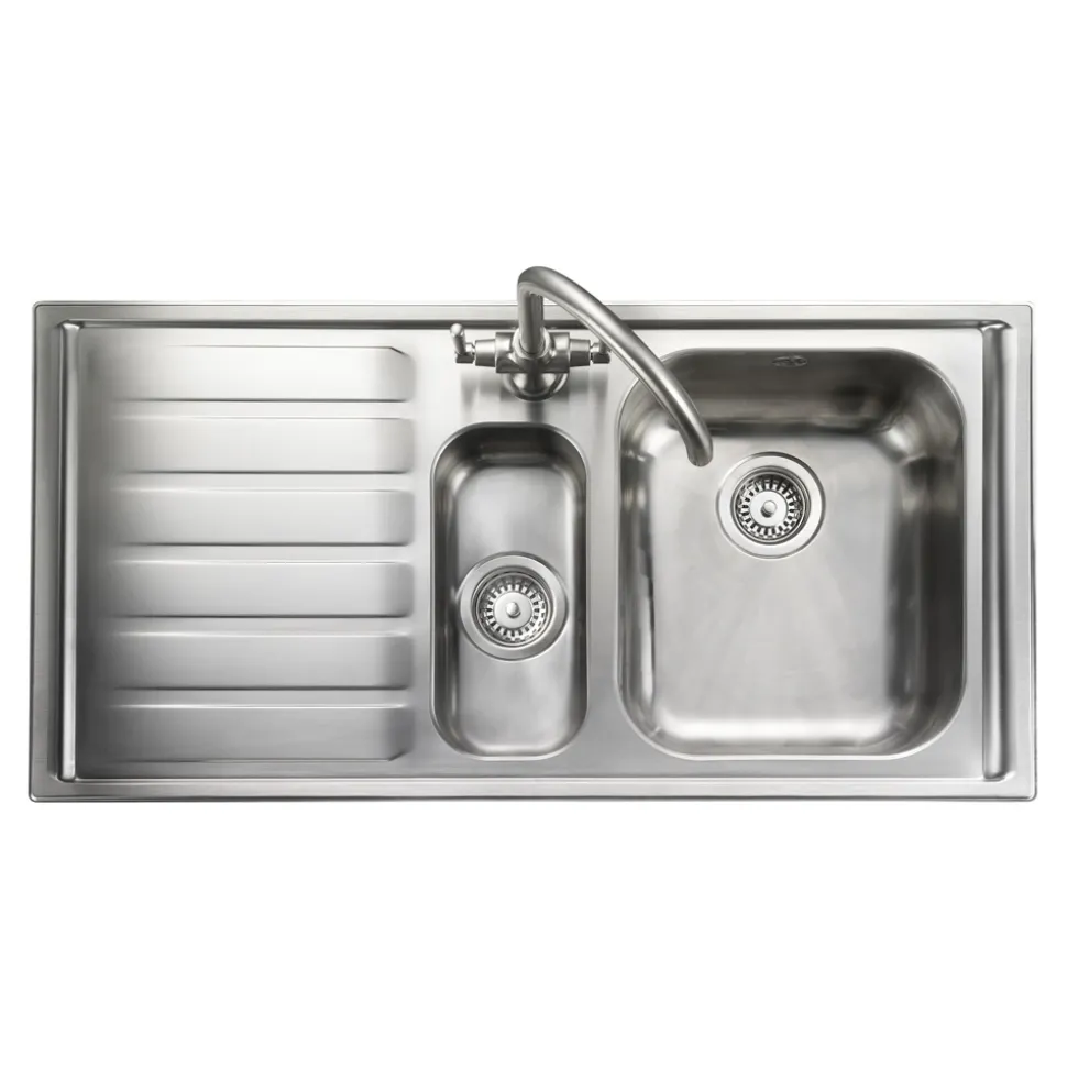 Rangemaster Manhattan 1.5 Bowl Brushed Stainless Steel Sink & Waste Kit with Left Hand Drainer - 1010 x 515mm