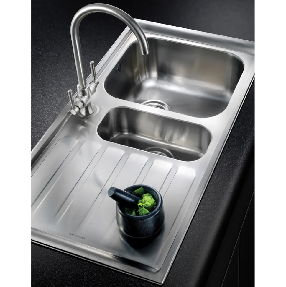 Rangemaster Manhattan 1.5 Bowl Brushed Stainless Steel Sink & Waste Kit with Left Hand Drainer - 1010 x 515mm