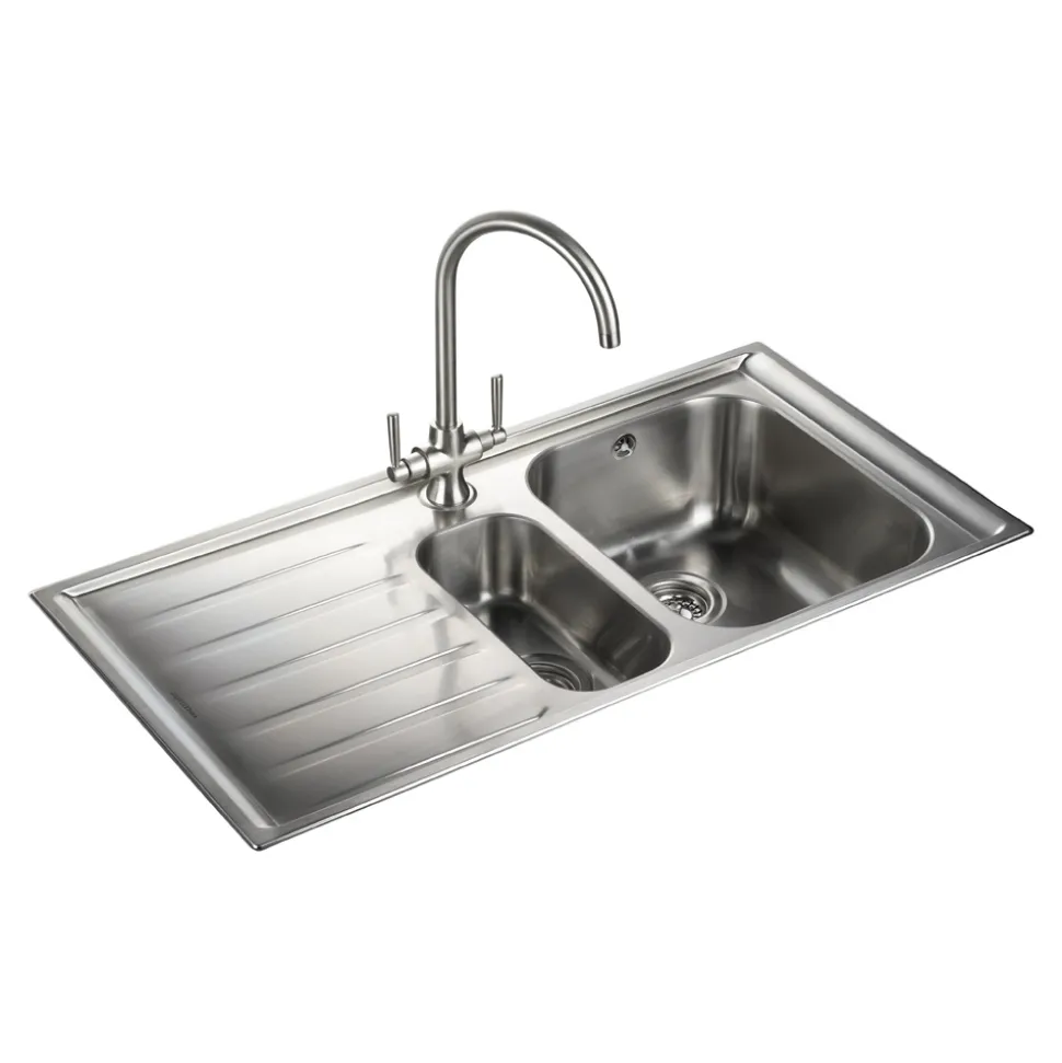Rangemaster Manhattan 1.5 Bowl Brushed Stainless Steel Sink & Waste Kit with Left Hand Drainer - 1010 x 515mm