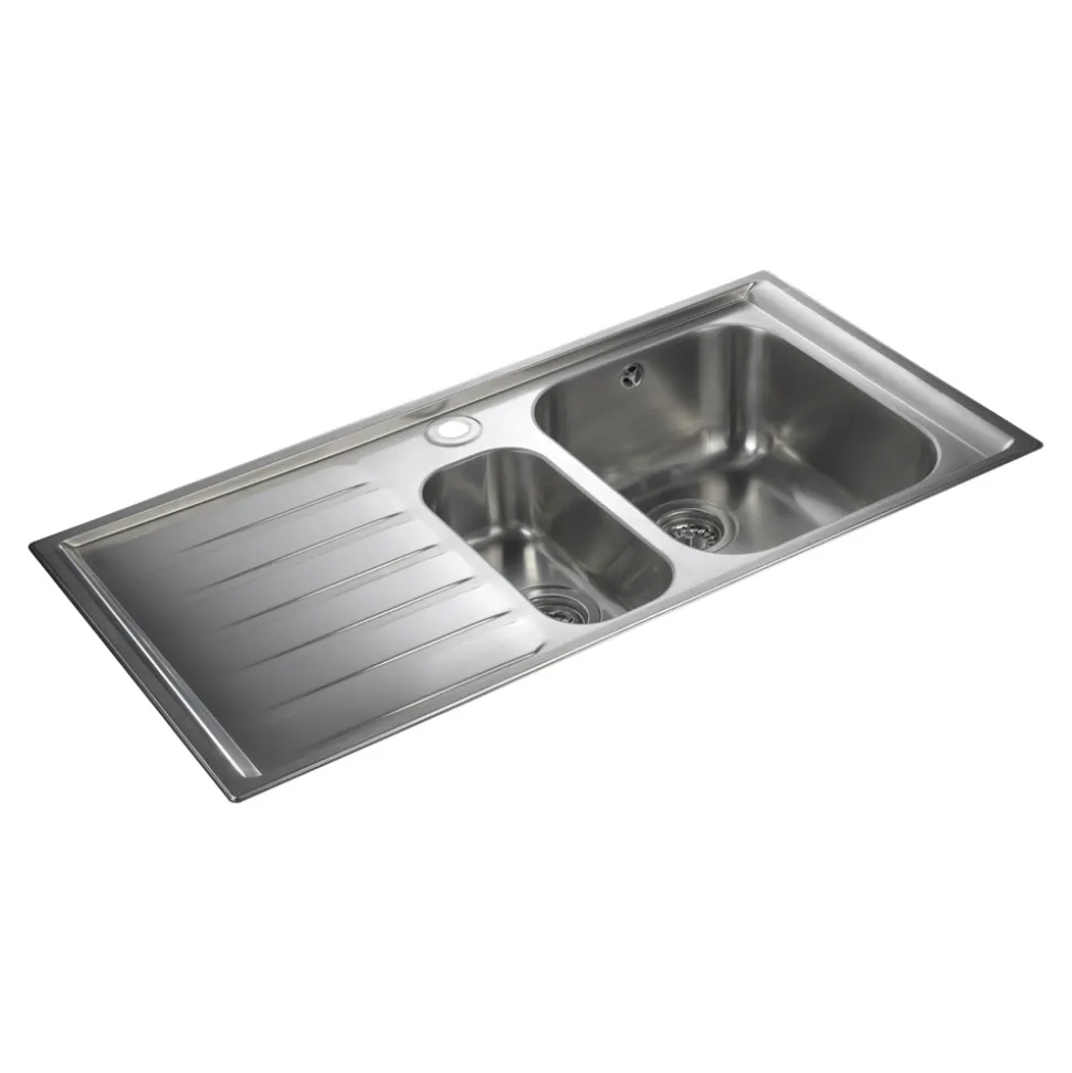 Rangemaster Manhattan 1.5 Bowl Brushed Stainless Steel Sink & Waste Kit with Left Hand Drainer - 1010 x 515mm