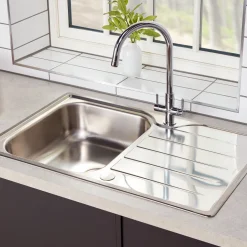 Rangemaster Michigan Compact Single Bowl Brushed Stainless Steel sink & Waste Kit with Reversible Drainer - 800 x 508mm