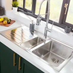 Rangemaster Rockford 1.5 Bowl Brushed Stainless Steel Sink & Waste with Left Hand Drainer - 985 x 508mm