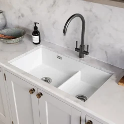 Rangemaster Rustique 2 Bowl Inset/Undermount Fireclay White Ceramic Kitchen Sink & Waste Kit - 796 x 462mm