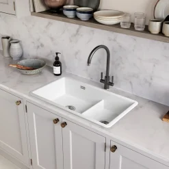 Rangemaster Rustique 2 Bowl Inset/Undermount Fireclay White Ceramic Kitchen Sink & Waste Kit - 796 x 462mm