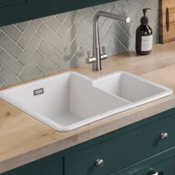 Rangemaster Rustique 1.3 Bowl White Ceramic Inset / Undermount Kitchen Sink & Waste Kit with Left Hand Main Bowl - 600 x 520mm