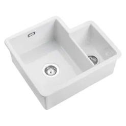 Rangemaster Rustique 1.3 Bowl White Ceramic Inset / Undermount Kitchen Sink & Waste Kit with Left Hand Main Bowl - 600 x 520mm