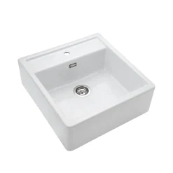 Rangemaster Sandwood 1 Bowl White Fireclay Ceramic Sit-On Belfast Sink With Tap Ledge & Waste Kit - 597 x 630mm