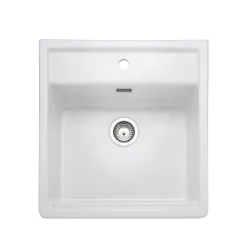 Rangemaster Sandwood 1 Bowl White Fireclay Ceramic Sit-On Belfast Sink With Tap Ledge & Waste Kit - 597 x 630mm