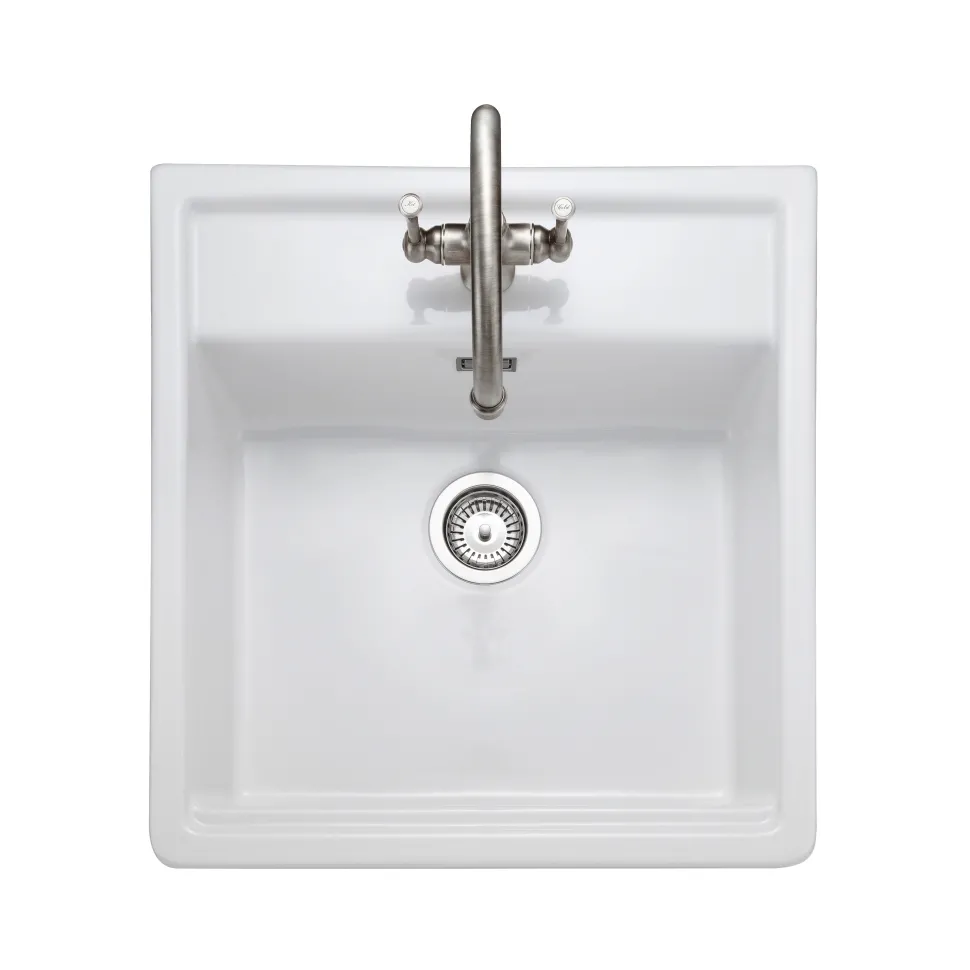 Rangemaster Sandwood 1 Bowl White Fireclay Ceramic Sit-On Belfast Sink With Tap Ledge & Waste Kit - 597 x 630mm