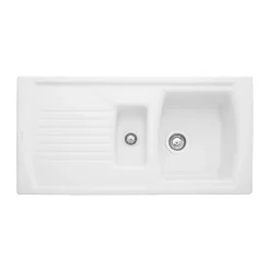 Rangemaster Tenby 1.5 Bowl Gloss White Fireclay Ceramic Kitchen Sink & Waste with Reversible Drainer - 995 x 497mm