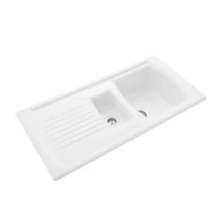 Rangemaster Tenby 1.5 Bowl Gloss White Fireclay Ceramic Kitchen Sink & Waste with Reversible Drainer - 995 x 497mm