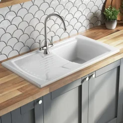 Rangemaster Tenby Compact 1 Bowl Gloss White Fireclay Ceramic Kitchen Sink & Waste with Reversible Drainer - 850 x 500mm