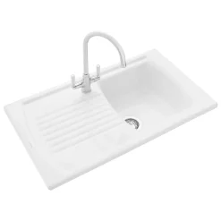 Rangemaster Tenby Compact 1 Bowl Gloss White Fireclay Ceramic Kitchen Sink & Waste with Reversible Drainer - 850 x 500mm