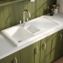 Reginox Contemporary 1.5 Bowl White Ceramic Kitchen Sink & Waste Kit with Reversible Drainer - 1000 x 500mm