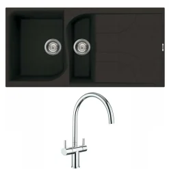 Reginox Ego Black Spek Granite 1.5 Bowl Kitchen Sink & Vellamo Caspian Dual Lever Mono Kitchen Mixer