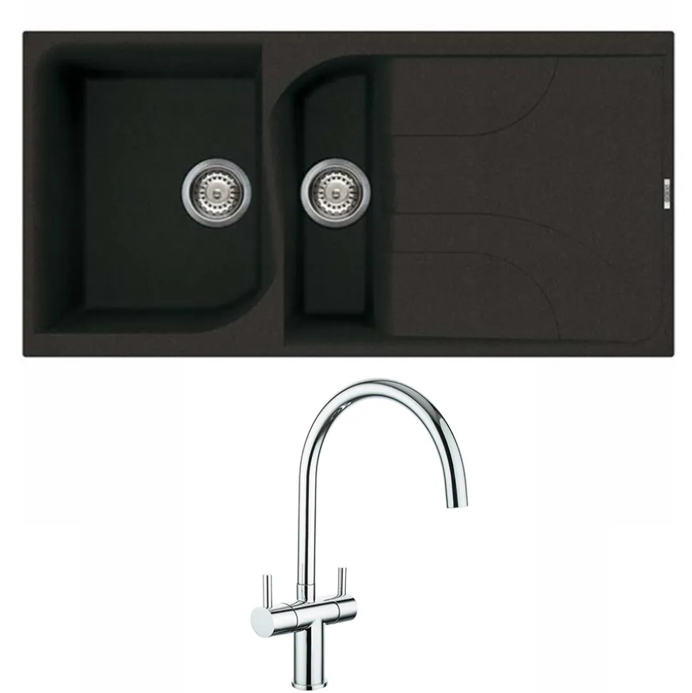 Reginox Ego Black Spek Granite 1.5 Bowl Kitchen Sink & Vellamo Caspian Dual Lever Mono Kitchen Mixer