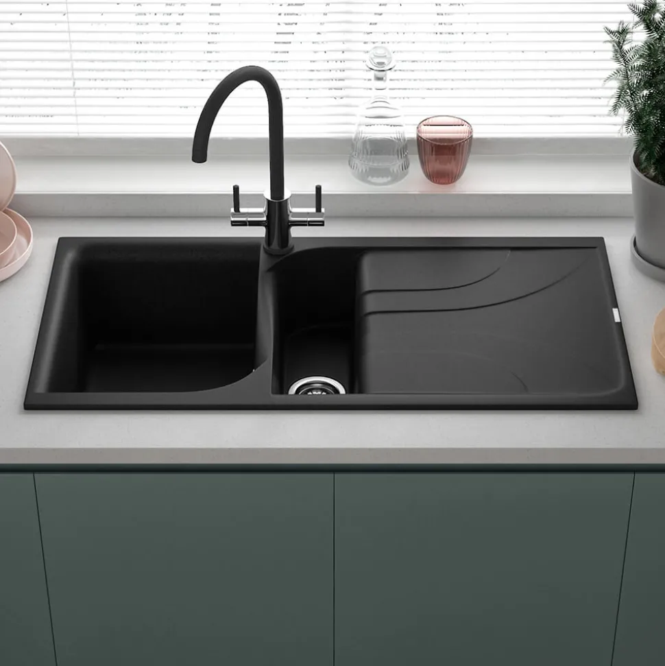 Reginox Ego Black Spek Granite 1.5 Bowl Kitchen Sink & Vellamo Caspian Dual Lever Mono Kitchen Mixer
