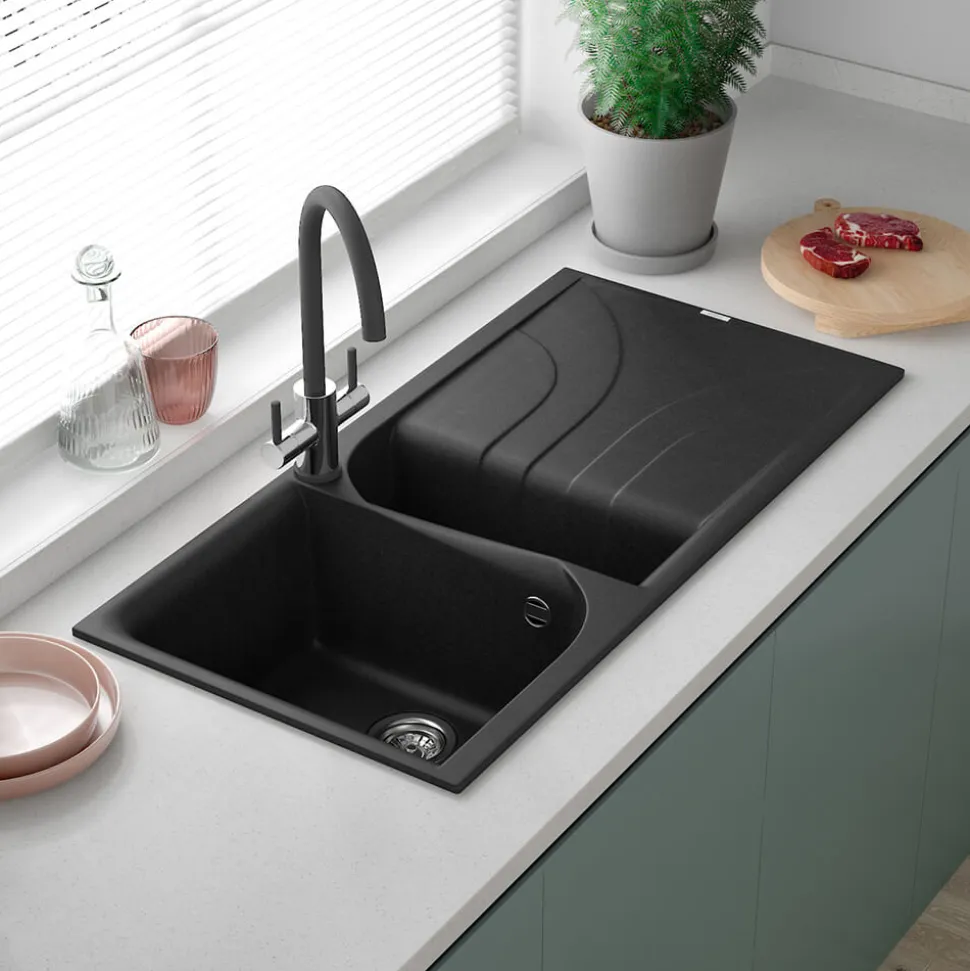 Reginox Ego 1.5 Bowl Black Spek Composite Kitchen Sink & Vellamo Revolve Monobloc Mixer Tap