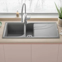 Reginox Ego Titanium Grey Granite Composite 1.5 Bowl Kitchen Sink & Vellamo FlexiSpray Mixer Tap