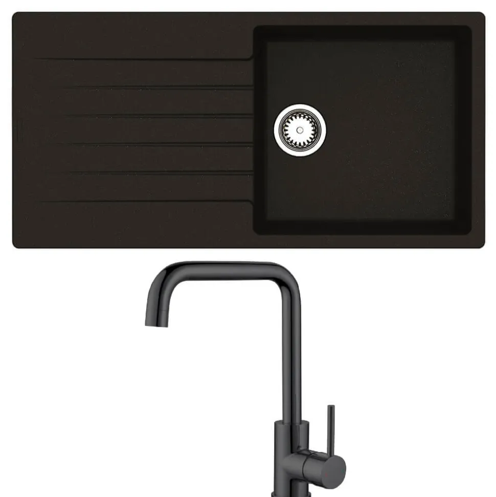 Reginox Harlem 1 Bowl Black Silvery Granite Composite Sink & Waste Kit and Vellamo Koro Black Mono Kitchen Mixer