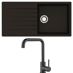 Reginox Harlem 1 Bowl Black Silvery Granite Composite Sink & Waste Kit and Vellamo Koro Black Mono Kitchen Mixer