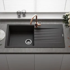 Reginox Harlem 1 Bowl Black Silvery Granite Composite Sink & Waste Kit and Vellamo Koro Black Mono Kitchen Mixer