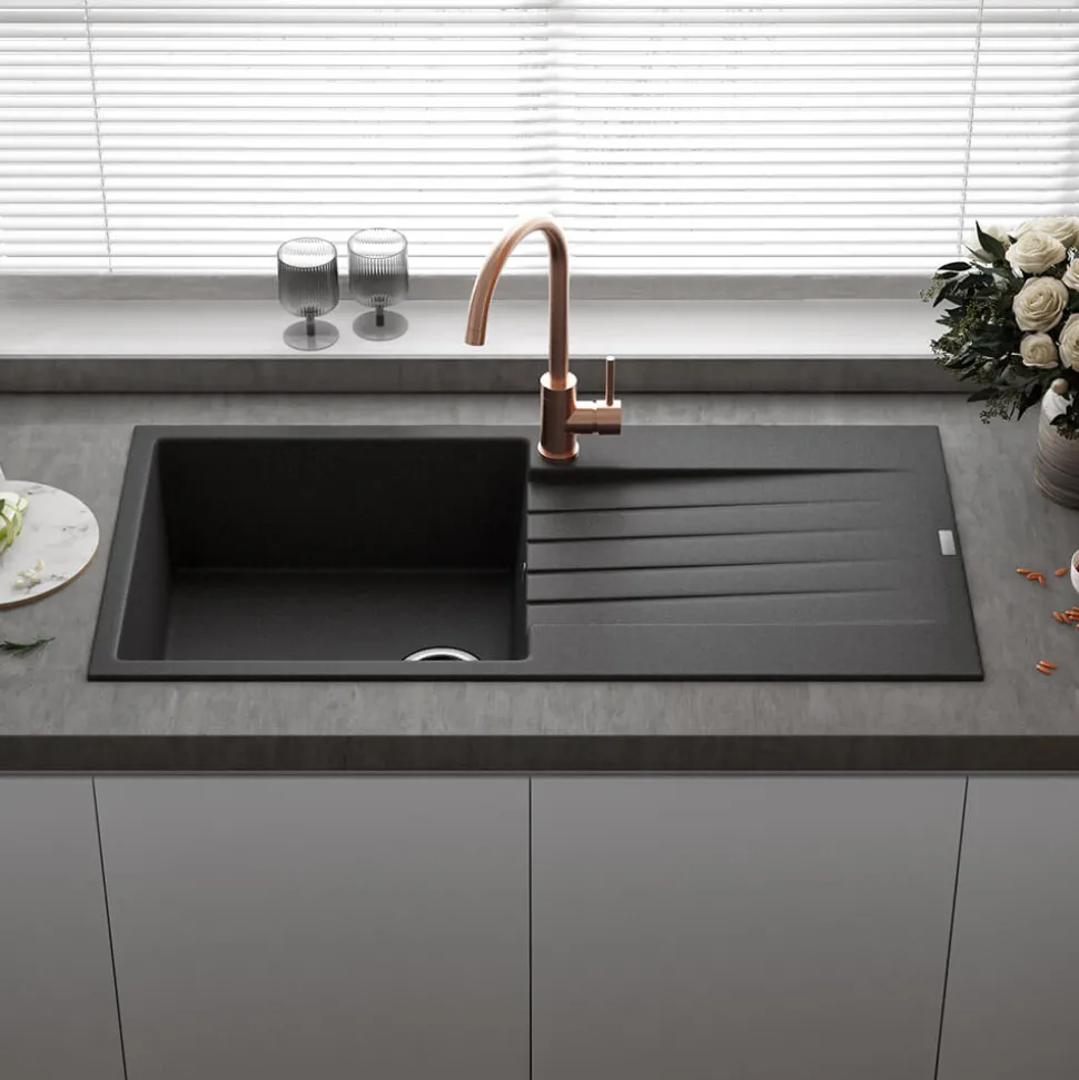Reginox Harlem 1 Bowl Black Silvery Granite Composite Sink & Waste Kit and Vellamo Koro Black Mono Kitchen Mixer