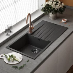 Reginox Harlem 1 Bowl Black Silvery Granite Composite Sink & Waste Kit and Vellamo Koro Black Mono Kitchen Mixer