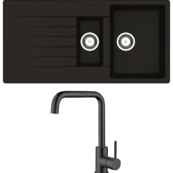 Reginox Harlem 1.5 Bowl Black Silvery Granite Composite Sink & Waste Kit and Vellamo Koro Black Mono Kitchen Mixer