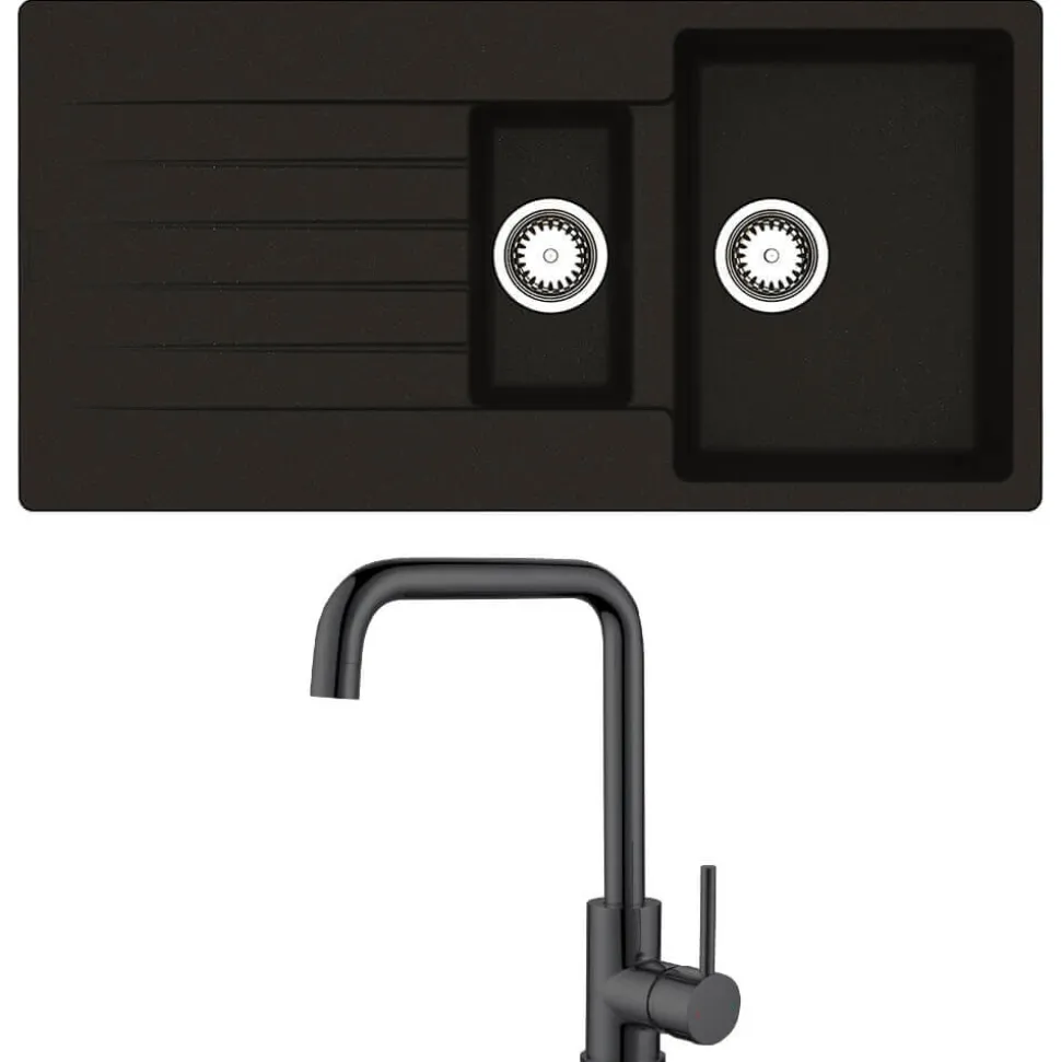 Reginox Harlem 1.5 Bowl Black Silvery Granite Composite Sink & Waste Kit and Vellamo Koro Black Mono Kitchen Mixer