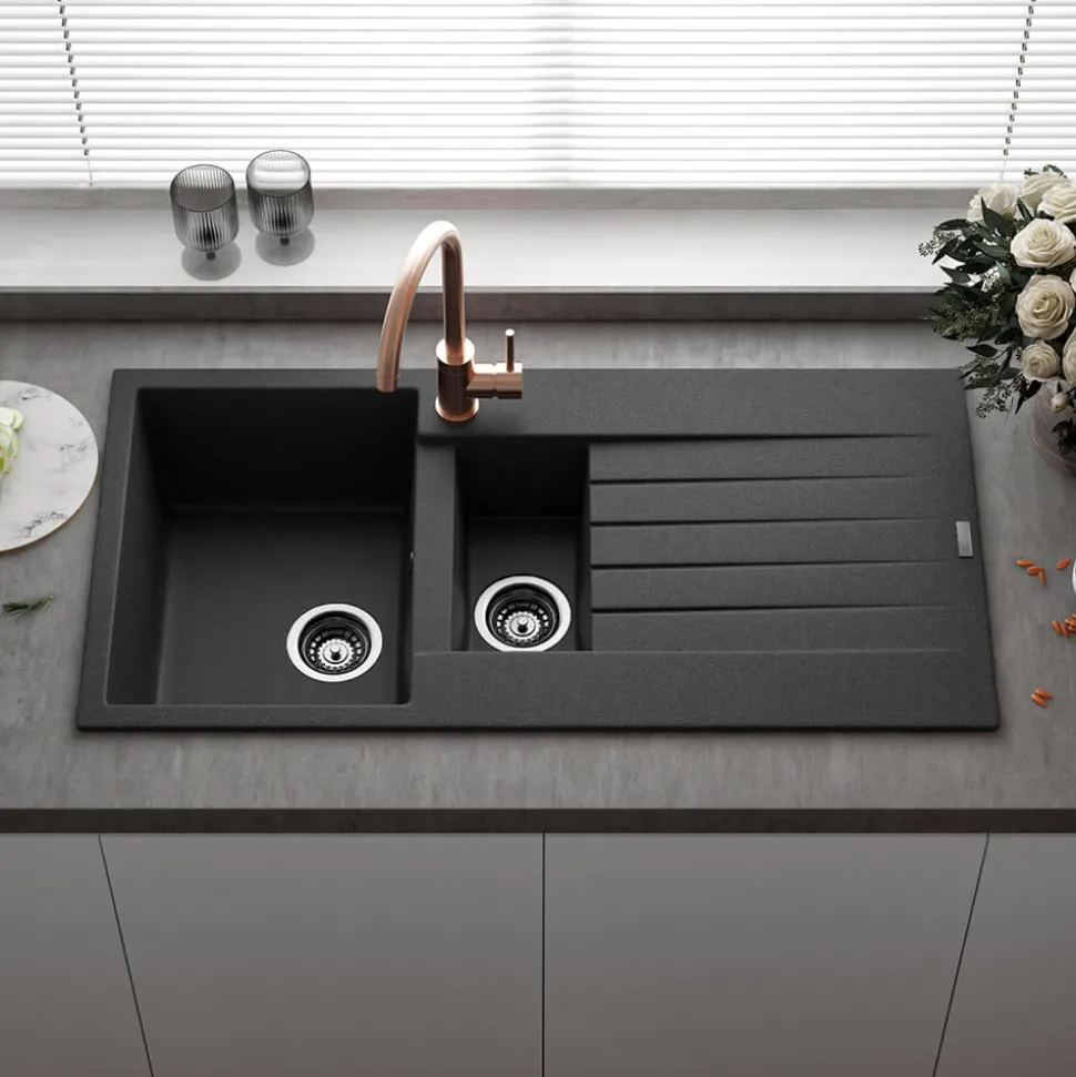 Reginox Harlem 1.5 Bowl Black Silvery Granite Composite Sink & Waste Kit and Vellamo Koro Black Mono Kitchen Mixer