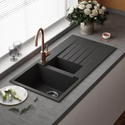 Reginox Harlem 1.5 Bowl Black Silvery Granite Composite Sink & Waste Kit and Vellamo Koro Black Mono Kitchen Mixer