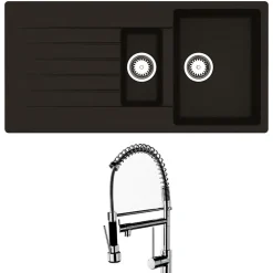 Reginox Harlem 1.5 Bowl Black Silvery Granite Composite Sink & Waste Kit and Vellamo Hanbury Pull Out Mono Kitchen Mixer