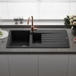 Reginox Harlem 1.5 Bowl Black Silvery Granite Composite Sink & Waste Kit and Vellamo Hanbury Pull Out Mono Kitchen Mixer