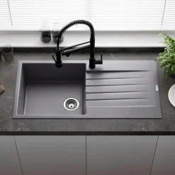 Reginox Harlem 1 Bowl Grey Silvery Granite Composite Sink & Waste Kit and Vellamo Revolve Stainless Steel Mono Kitchen Mixer
