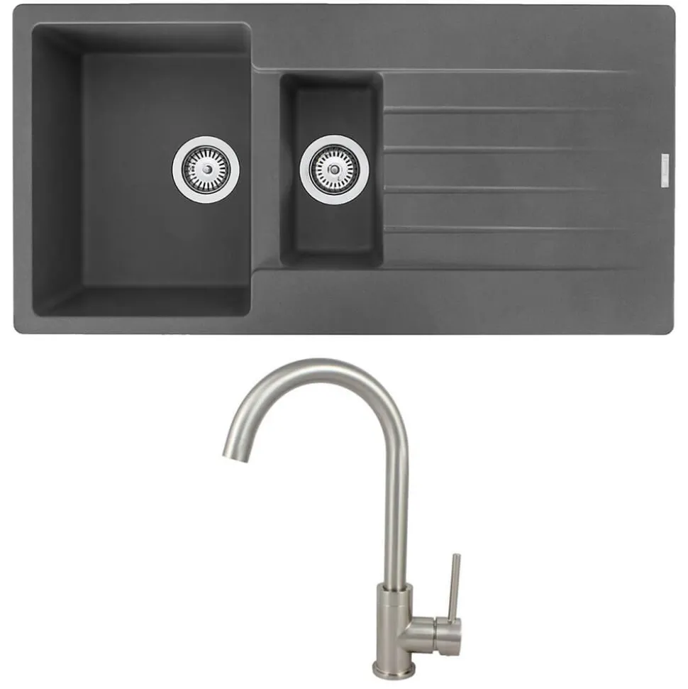 Reginox Harlem 1.5 Bowl Grey Silvery Granite Composite Sink & Waste Kit and Vellamo Revolve Stainless Steel Mono Kitchen Mixer