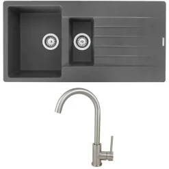 Reginox Harlem 1.5 Bowl Grey Silvery Granite Composite Sink & Waste Kit and Vellamo Revolve Stainless Steel Mono Kitchen Mixer