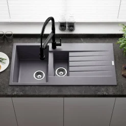 Reginox Harlem 1.5 Bowl Grey Silvery Granite Composite Sink & Waste Kit and Vellamo Revolve Stainless Steel Mono Kitchen Mixer